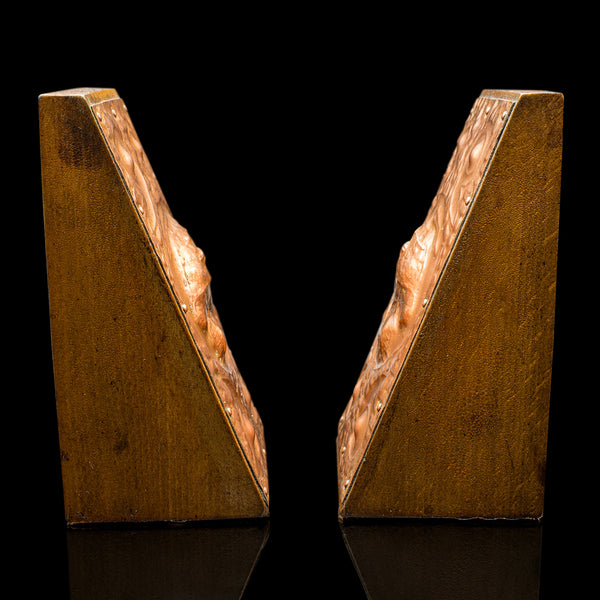 Pair, Antique Maritime Bookends, Continental, Copper, Oak, Book Rest, Victorian