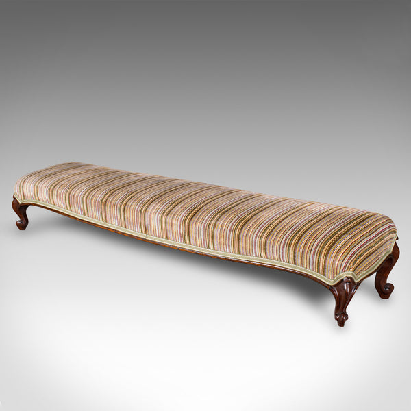 Long Antique Fireside Stool, English, Walnut, Upholstered Footstool, Victorian