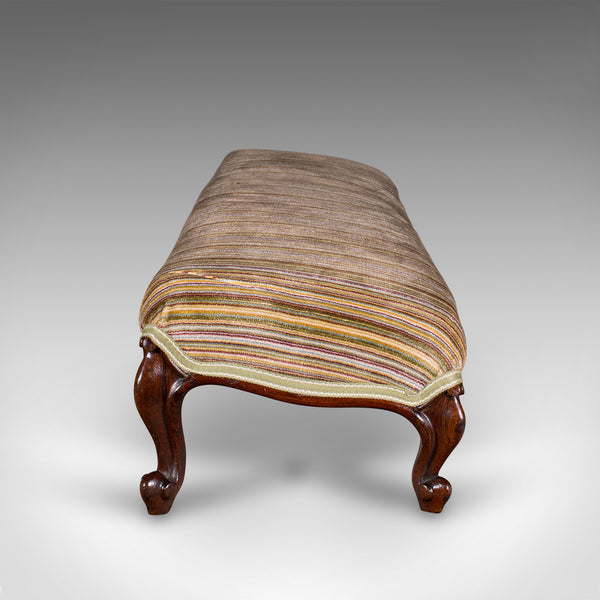 Long Antique Fireside Stool, English, Walnut, Upholstered Footstool, Victorian