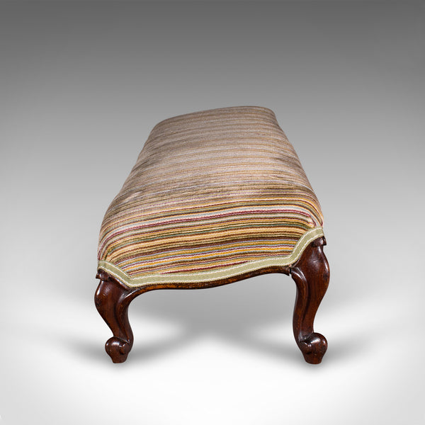 Long Antique Fireside Stool, English, Walnut, Upholstered Footstool, Victorian