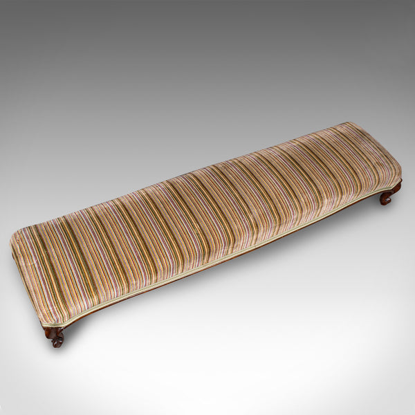 Long Antique Fireside Stool, English, Walnut, Upholstered Footstool, Victorian