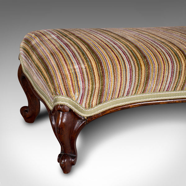Long Antique Fireside Stool, English, Walnut, Upholstered Footstool, Victorian