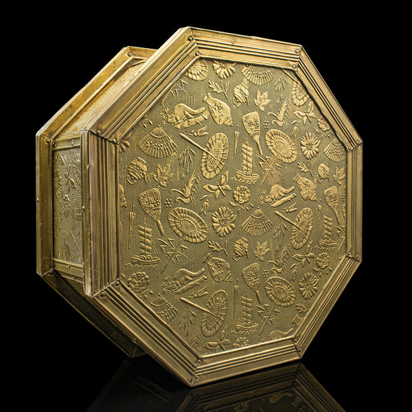 Antique Octagonal Sewing Box, English, Brass, Workbox, Relief Decor, Edwardian