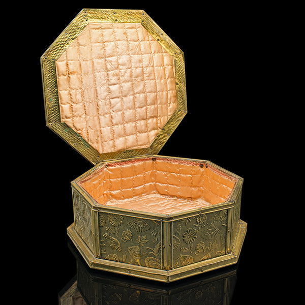 Antique Octagonal Sewing Box, English, Brass, Workbox, Relief Decor, Edwardian