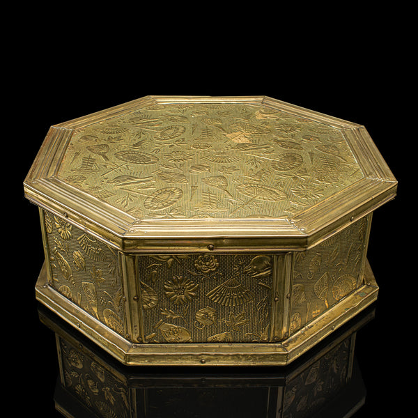 Antique Octagonal Sewing Box, English, Brass, Workbox, Relief Decor, Edwardian