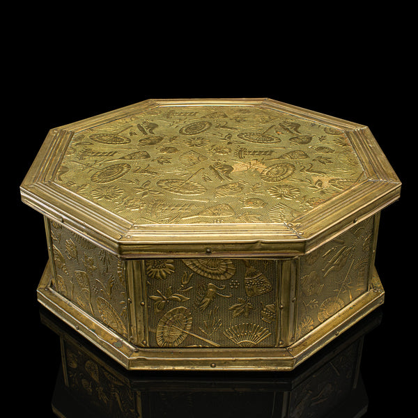 Antique Octagonal Sewing Box, English, Brass, Workbox, Relief Decor, Edwardian