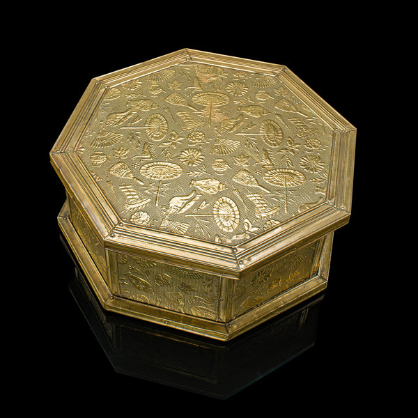 Antique Octagonal Sewing Box, English, Brass, Workbox, Relief Decor, Edwardian