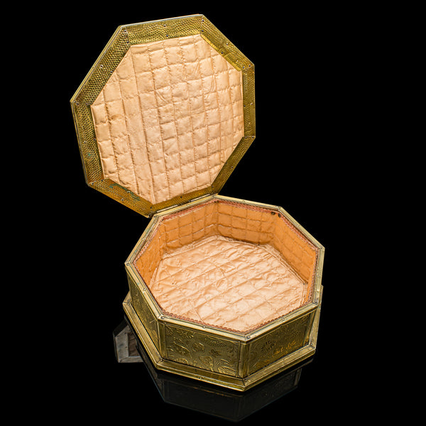 Antique Octagonal Sewing Box, English, Brass, Workbox, Relief Decor, Edwardian