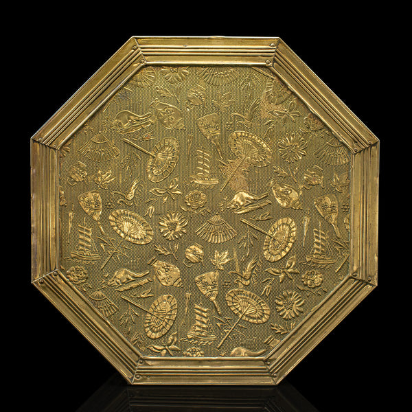 Antique Octagonal Sewing Box, English, Brass, Workbox, Relief Decor, Edwardian