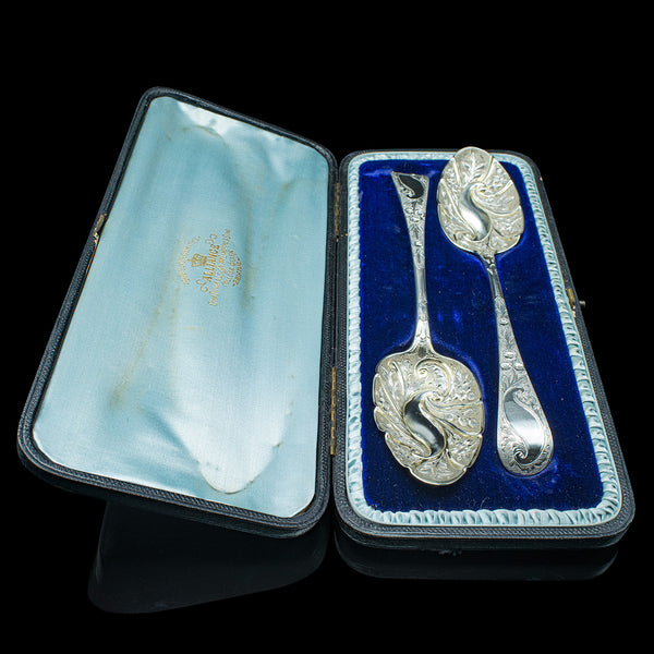 Pair Of Antique Dessert Spoons, English, Silver, Trifle, Hallmarked, Georgian