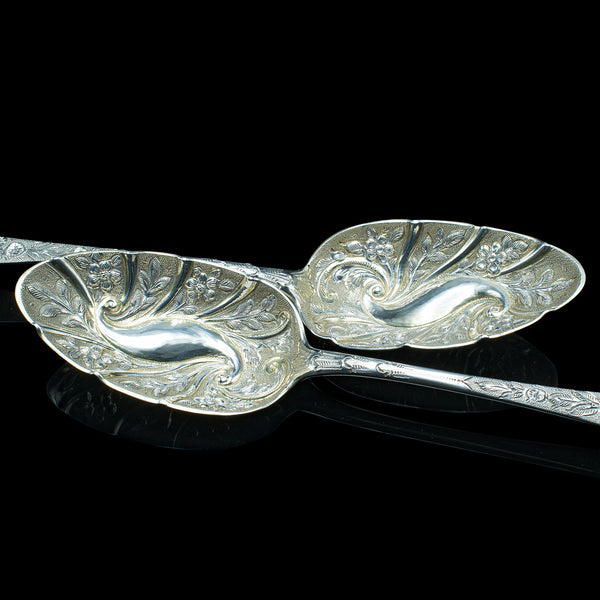 Pair Of Antique Dessert Spoons, English, Silver, Trifle, Hallmarked, Georgian