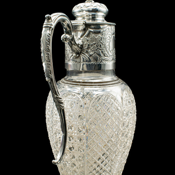 Antique Dessert Wine Jug, English, Glass, Silver Plate, Serving Ewer, Victorian