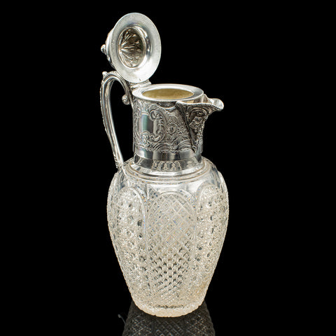 Antique Dessert Wine Jug, English, Glass, Silver Plate, Serving Ewer, Victorian