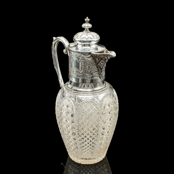 Antique Dessert Wine Jug, English, Glass, Silver Plate, Serving Ewer, Victorian