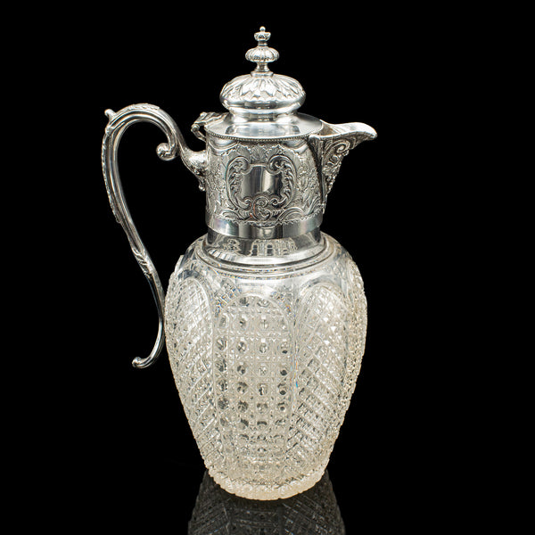 Antique Dessert Wine Jug, English, Glass, Silver Plate, Serving Ewer, Victorian