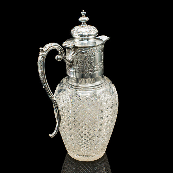 Antique Dessert Wine Jug, English, Glass, Silver Plate, Serving Ewer, Victorian