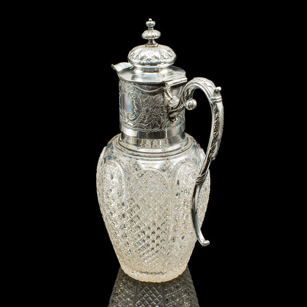 Antique Dessert Wine Jug, English, Glass, Silver Plate, Serving Ewer, Victorian