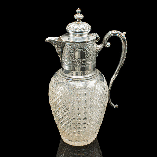 Antique Dessert Wine Jug, English, Glass, Silver Plate, Serving Ewer, Victorian