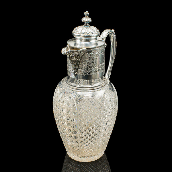 Antique Dessert Wine Jug, English, Glass, Silver Plate, Serving Ewer, Victorian