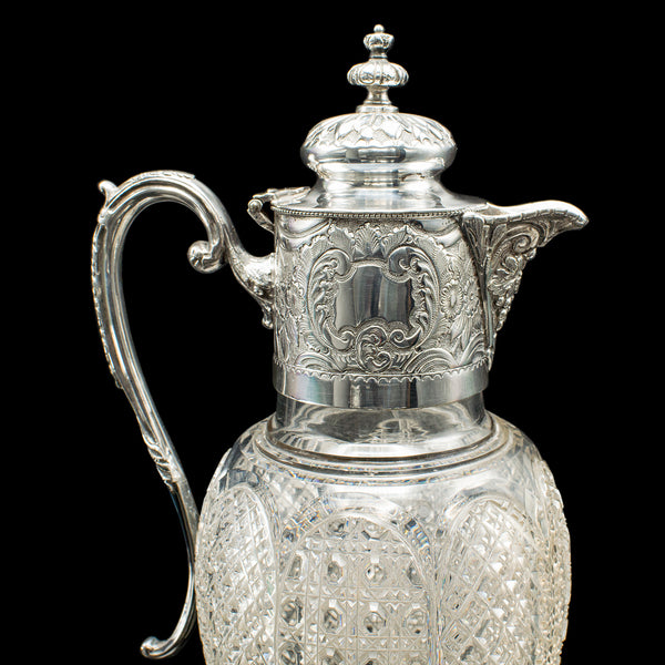 Antique Dessert Wine Jug, English, Glass, Silver Plate, Serving Ewer, Victorian