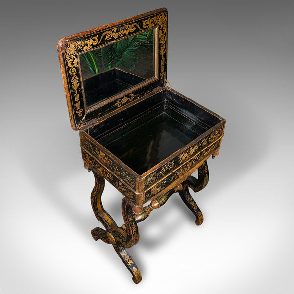 Antique Sewing Table, English, Lacquered, Handpainted, Japanned, Victorian, 1880