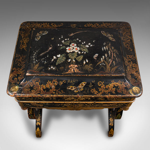 Antique Sewing Table, English, Lacquered, Handpainted, Japanned, Victorian, 1880