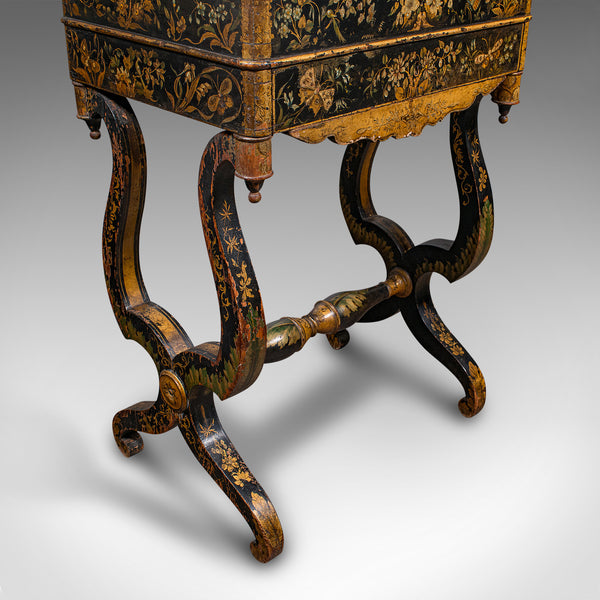 Antique Sewing Table, English, Lacquered, Handpainted, Japanned, Victorian, 1880