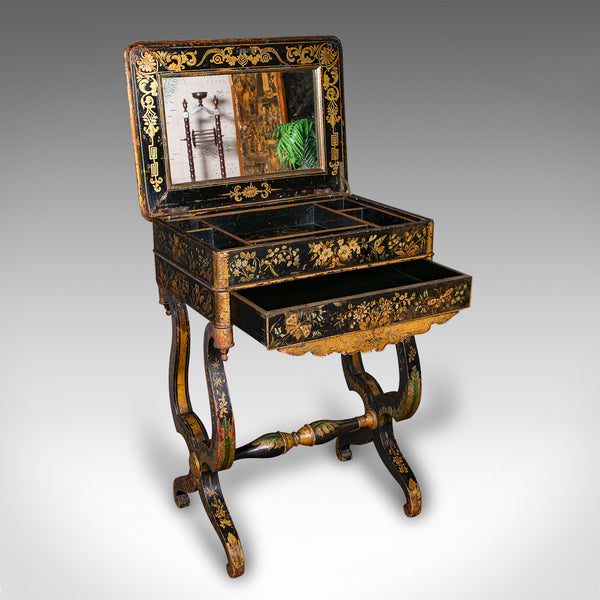 Antique Sewing Table, English, Lacquered, Handpainted, Japanned, Victorian, 1880