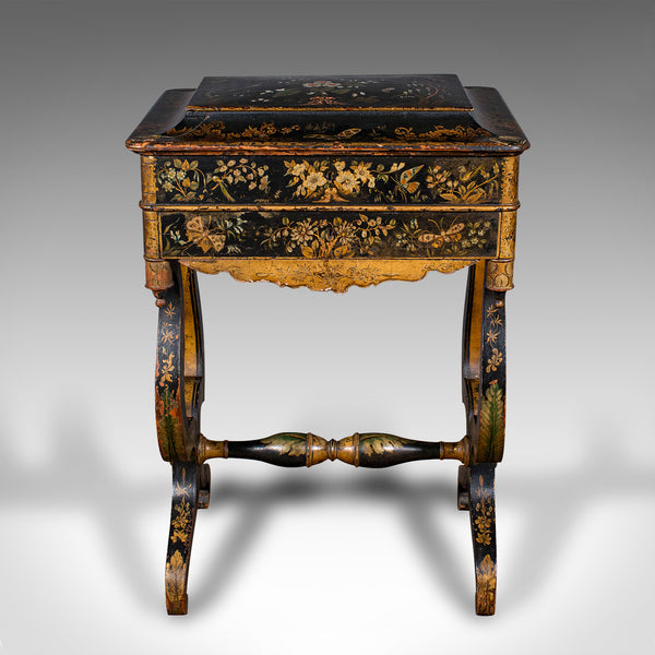 Antique Sewing Table, English, Lacquered, Handpainted, Japanned, Victorian, 1880