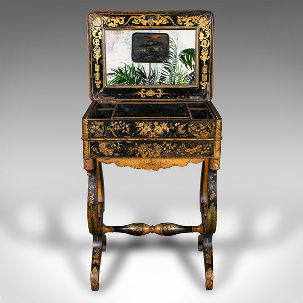 Antique Sewing Table, English, Lacquered, Handpainted, Japanned, Victorian, 1880