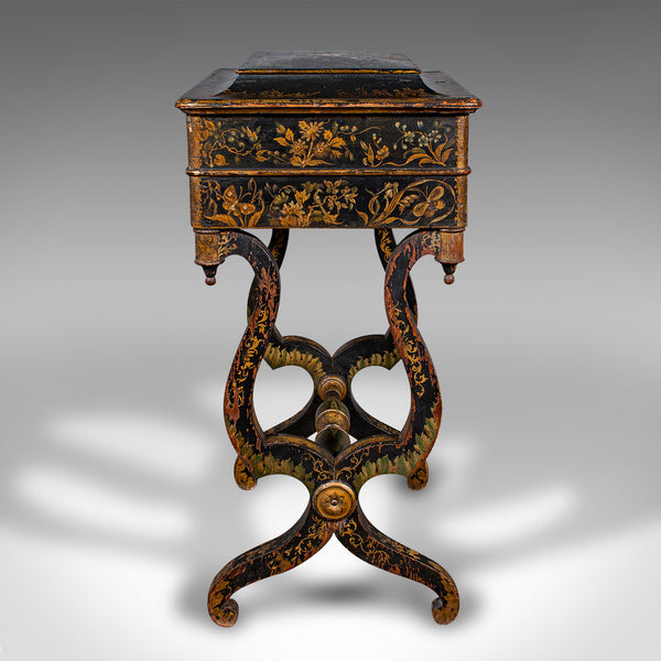 Antique Sewing Table, English, Lacquered, Handpainted, Japanned, Victorian, 1880