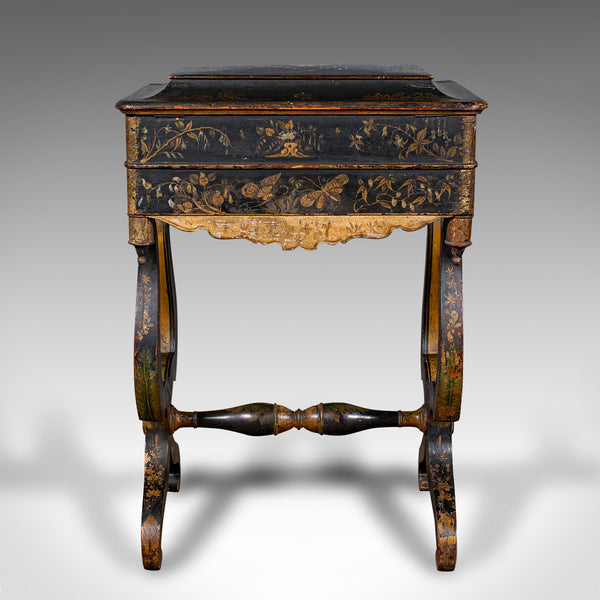 Antique Sewing Table, English, Lacquered, Handpainted, Japanned, Victorian, 1880