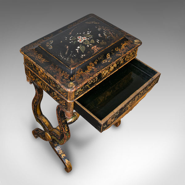 Antique Sewing Table, English, Lacquered, Handpainted, Japanned, Victorian, 1880