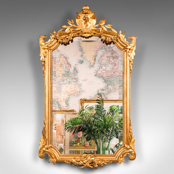 Tall Antique Overmantle Mirror, German Giltwood, Bevelled Plate, Wall, Victorian