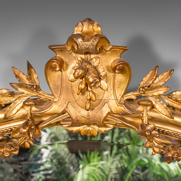 Tall Antique Overmantle Mirror, German Giltwood, Bevelled Plate, Wall, Victorian