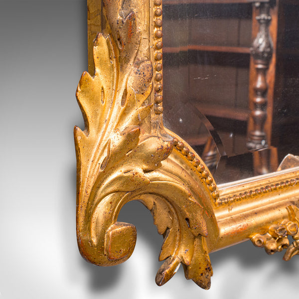 Tall Antique Overmantle Mirror, German Giltwood, Bevelled Plate, Wall, Victorian