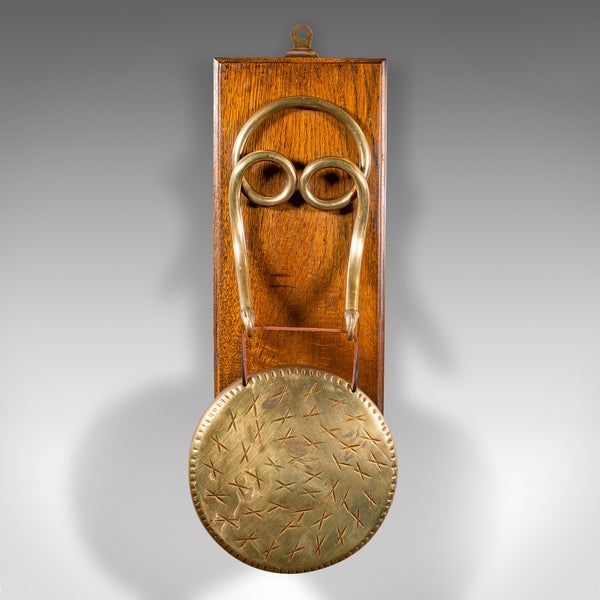 Antique Mounted Gong, English, Oak, Brass, Dinner Chime, Edwardian, Circa 1910
