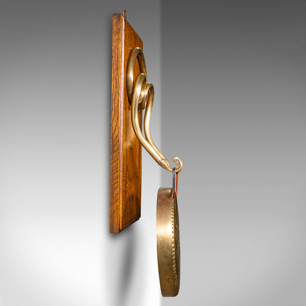 Antique Mounted Gong, English, Oak, Brass, Dinner Chime, Edwardian, Circa 1910