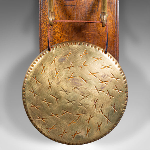 Antique Mounted Gong, English, Oak, Brass, Dinner Chime, Edwardian, Circa 1910