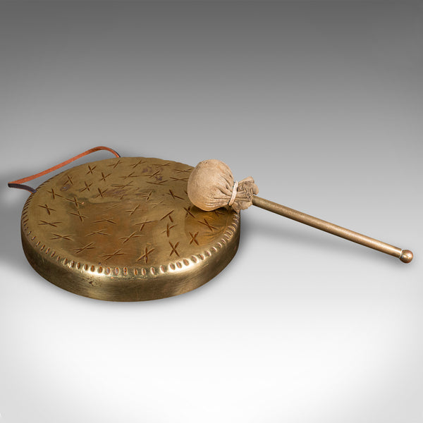 Antique Mounted Gong, English, Oak, Brass, Dinner Chime, Edwardian, Circa 1910