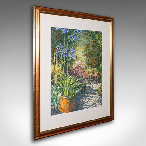 Vintage Garden Painting, English Oil On Board, Glass, Flower Art, Signed, C.1980
