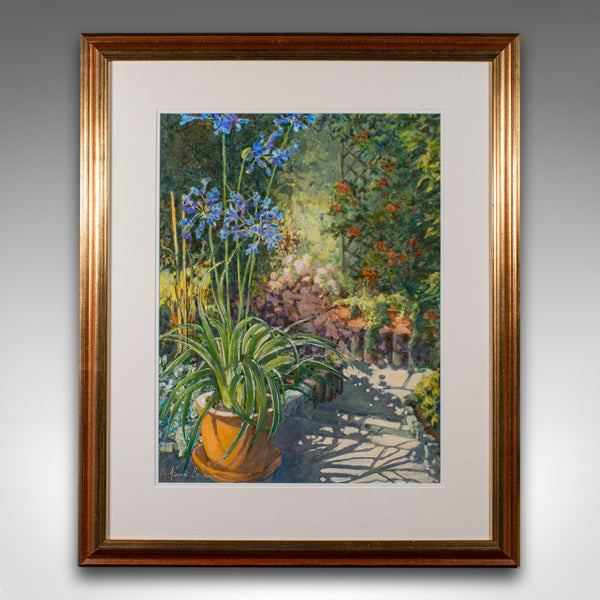 Vintage Garden Painting, English Oil On Board, Glass, Flower Art, Signed, C.1980