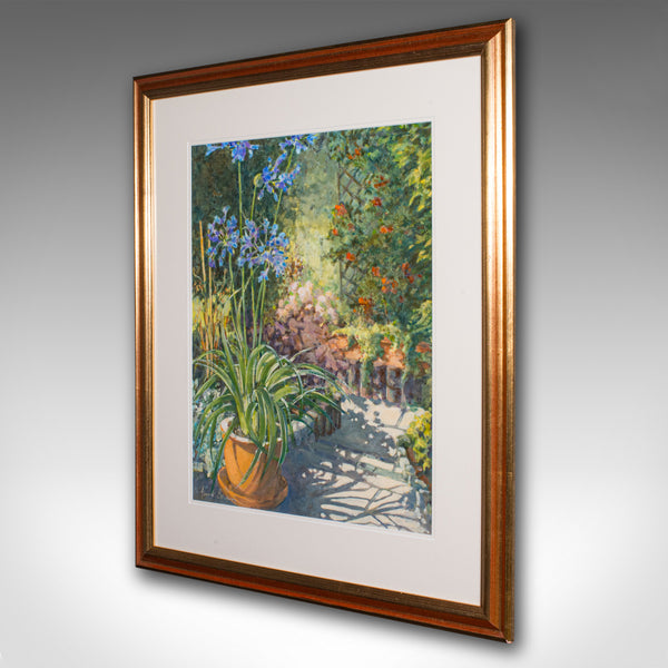 Vintage Garden Painting, English Oil On Board, Glass, Flower Art, Signed, C.1980