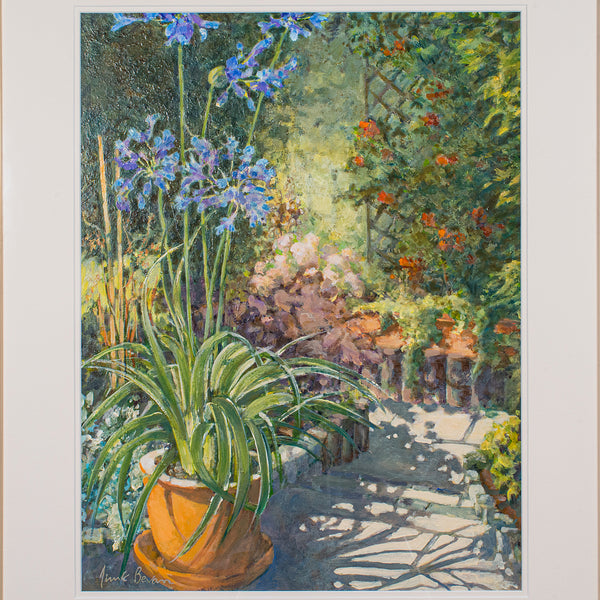 Vintage Garden Painting, English Oil On Board, Glass, Flower Art, Signed, C.1980