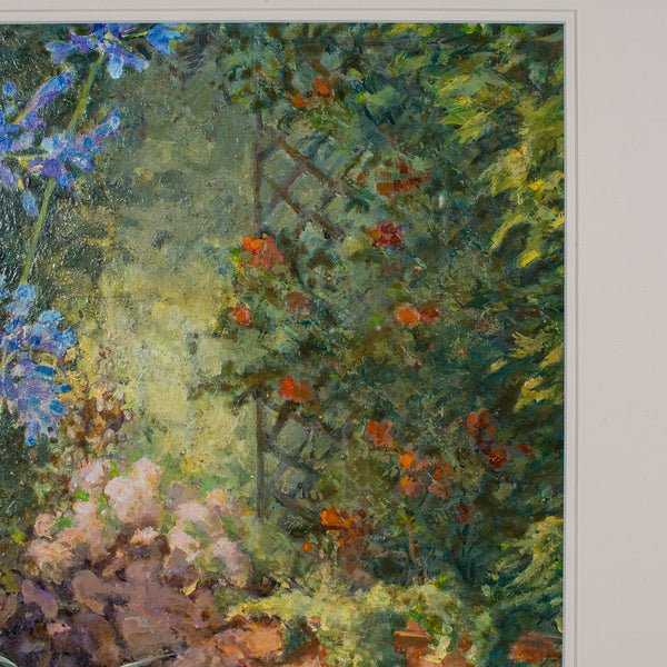 Vintage Garden Painting, English Oil On Board, Glass, Flower Art, Signed, C.1980