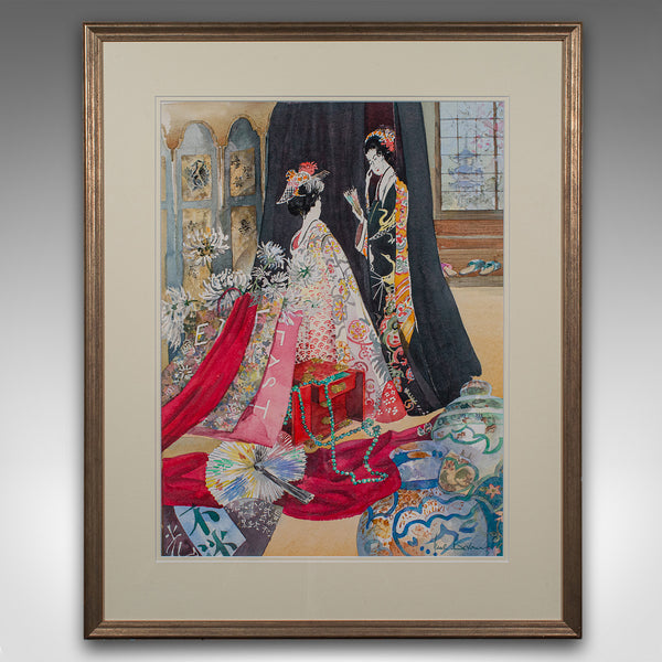 Vintage Fashion Watercolour, English, Framed Painting, Art, Signed, Circa 1990