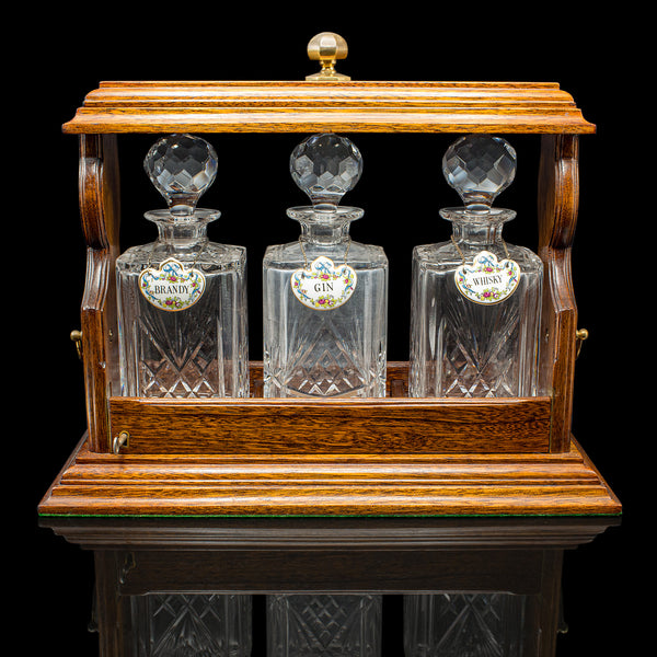 Vintage Locking Tantalus, English, Oak, Glass, Decanter Caddy, Victorian Taste