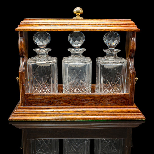 Vintage Locking Tantalus, English, Oak, Glass, Decanter Caddy, Victorian Taste