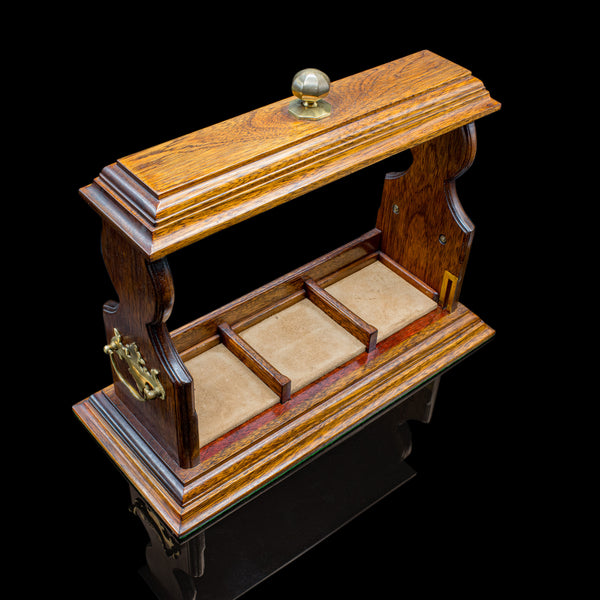 Vintage Locking Tantalus, English, Oak, Glass, Decanter Caddy, Victorian Taste