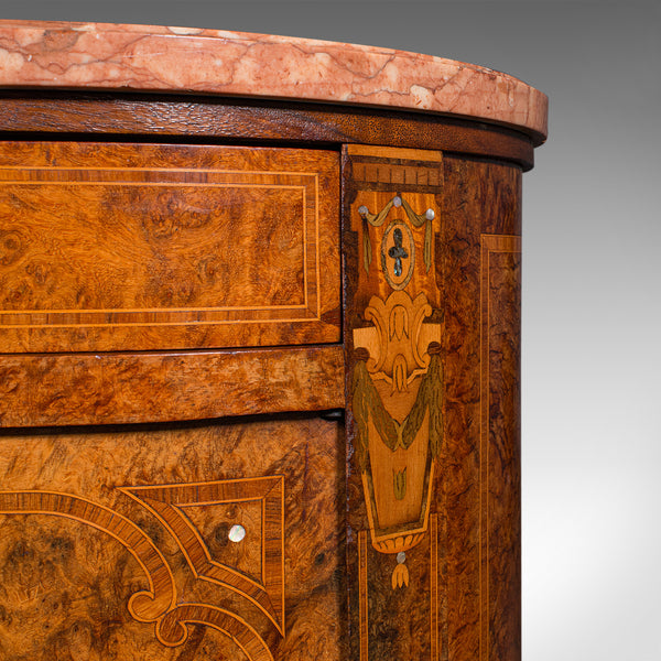 Antique Oval Bedside Cabinet, French, Amboyna, Marble, Bathroom, Victorian, 1870